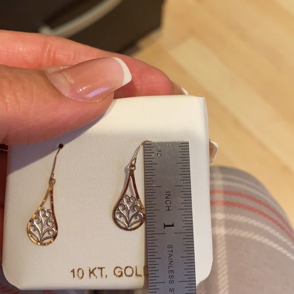 1” inch Pear 10K white & Gold Dangling Earrings tear shape earrings - Picture 5 of 8